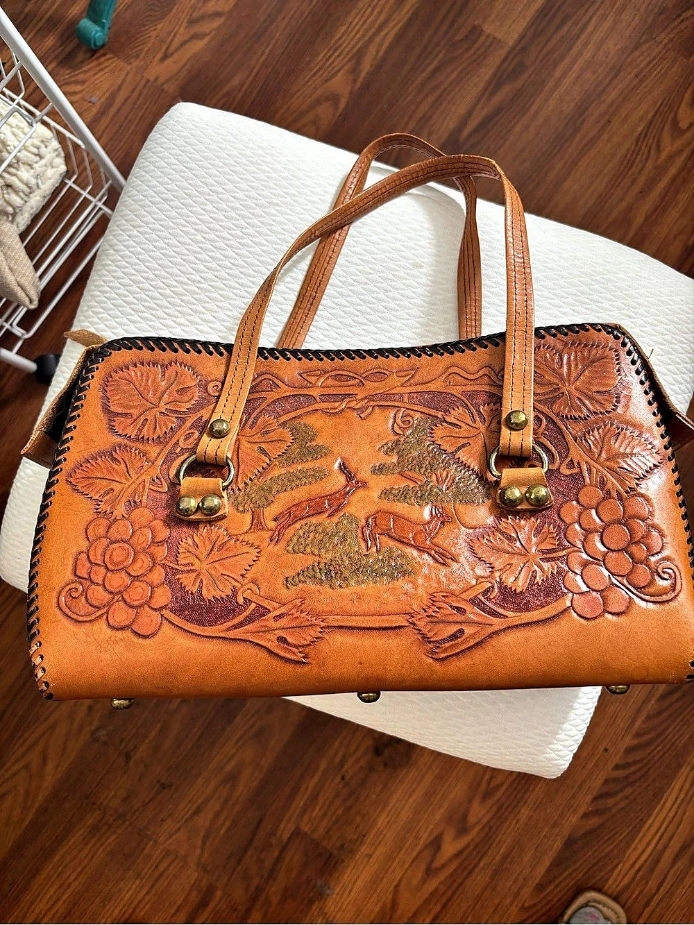 Vintage Embossed Floral & Wildlife Tote in Brown